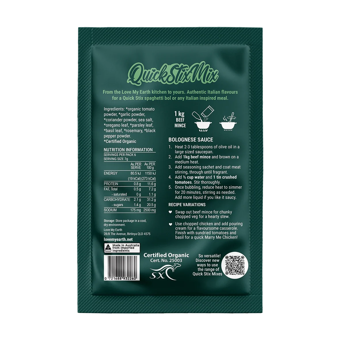 Organic Bolognese, Quick Stix Mix Recipe Base
